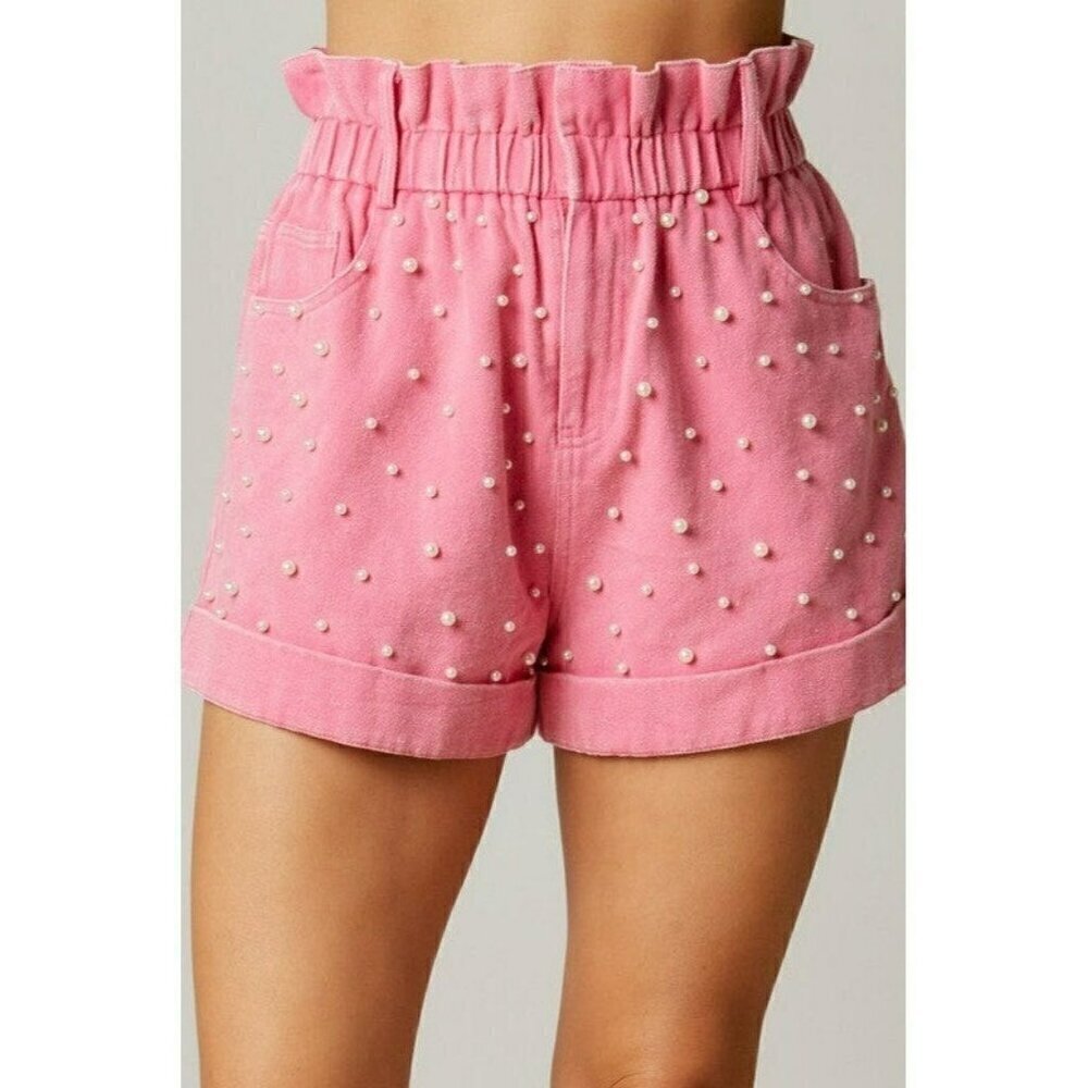 Pearly Girly Era Pearl Paperbag Shorts in Pink